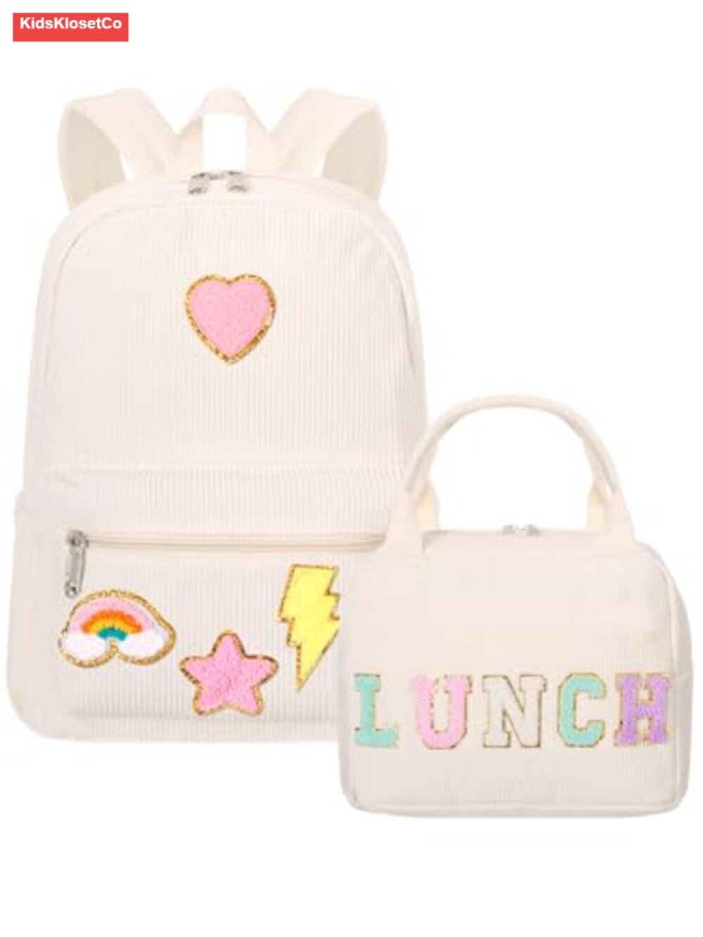 Corduroy Backpack and Lunch Bag Set for Girls with Chenille Patches